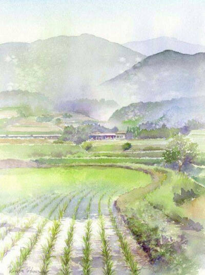 日本画家Hanta Harusaki水彩风景绘画