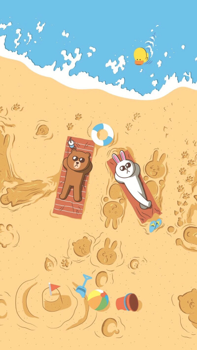情侣壁纸 line 布朗熊与可妮兔 沙滩晒太阳壁纸锁屏背景ing