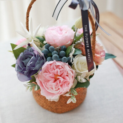 韩国进口 粉色月季混合仿真花装饰花篮仿真植物摆设 桌面盆景