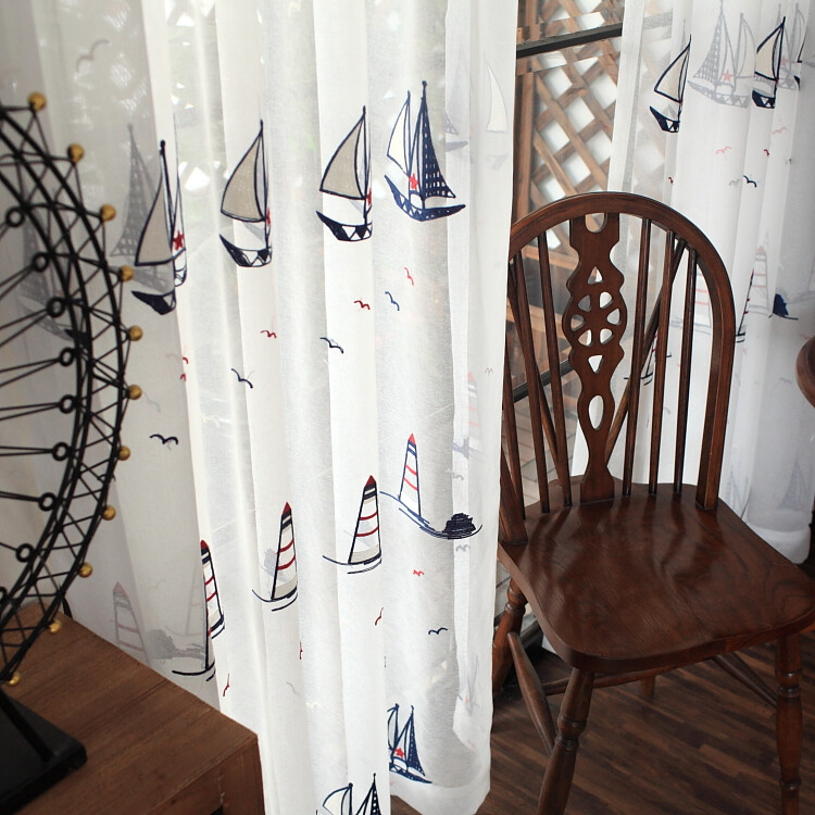 定制 地中海风格儿童房刺绣窗纱客厅卧室小户型飘窗 杨帆起航