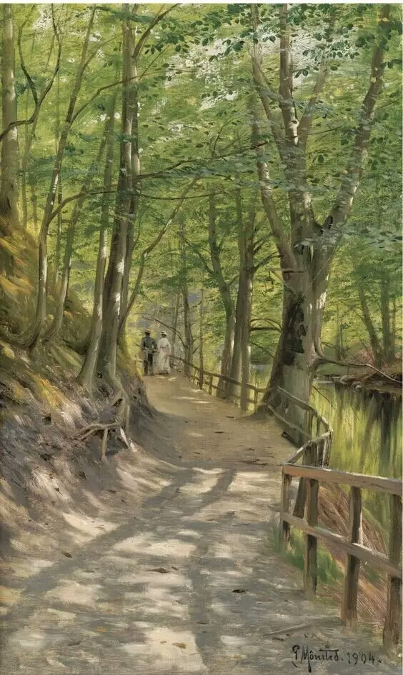 丹麦画家蒙森德 Peder Mork Monsted(1859-1941)，以画风景画而著名，他是一个浪漫主义者，描绘了壮丽的景观和古迹方面的艺术家，对细节和色彩把握深有研究