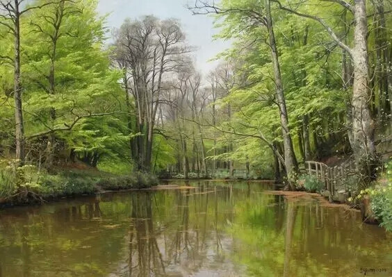 丹麦画家蒙森德 Peder Mork Monsted(1859-1941)，以画风景画而著名，他是一个浪漫主义者，描绘了壮丽的景观和古迹方面的艺术家，对细节和色彩把握深有研究