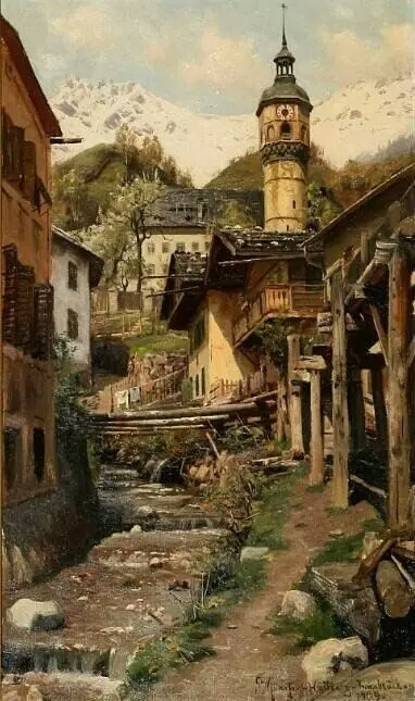 丹麦画家蒙森德 Peder Mork Monsted(1859-1941)，以画风景画而著名，他是一个浪漫主义者，描绘了壮丽的景观和古迹方面的艺术家，对细节和色彩把握深有研究