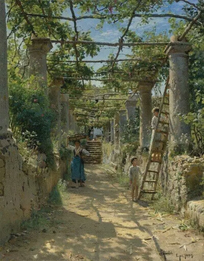 丹麦画家蒙森德 Peder Mork Monsted(1859-1941)，以画风景画而著名，他是一个浪漫主义者，描绘了壮丽的景观和古迹方面的艺术家，对细节和色彩把握深有研究