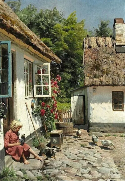 丹麦画家蒙森德 Peder Mork Monsted(1859-1941)，以画风景画而著名，他是一个浪漫主义者，描绘了壮丽的景观和古迹方面的艺术家，对细节和色彩把握深有研究