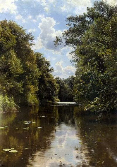 丹麦画家蒙森德 Peder Mork Monsted(1859-1941)，以画风景画而著名，他是一个浪漫主义者，描绘了壮丽的景观和古迹方面的艺术家，对细节和色彩把握深有研究