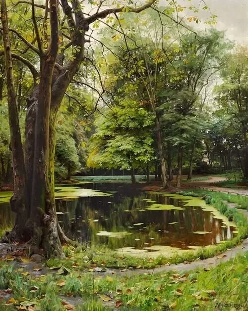 丹麦画家蒙森德 Peder Mork Monsted(1859-1941)，以画风景画而著名，他是一个浪漫主义者，描绘了壮丽的景观和古迹方面的艺术家，对细节和色彩把握深有研究