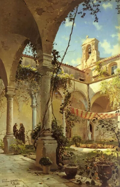 丹麦画家蒙森德 Peder Mork Monsted(1859-1941)，以画风景画而著名，他是一个浪漫主义者，描绘了壮丽的景观和古迹方面的艺术家，对细节和色彩把握深有研究