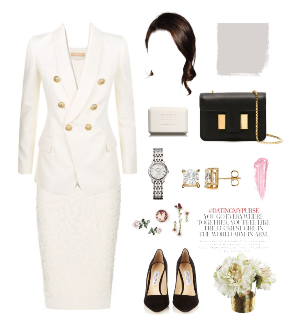 Balmain blazer，Michael Kors dress，Jimmy Choo pumps，Tom Ford bag，Forever Brilliant earrings，Omega watch#823