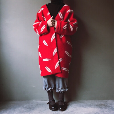 豆屋制衣 新年快乐 正红色 立体羽毛 羊毛大衣