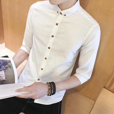 2017春季新品男装 潮流男装短袖衬衣 男士修身纯色七分袖衬衫。