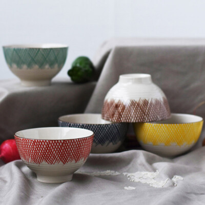 景德镇创意简约日式和风手绘网格纹陶瓷餐具 瓷器 米饭碗 小汤碗