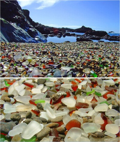 世界上最闪亮的海滩——玻璃海滩。位于美国加州布拉格堡，整个海滩竟然是由的玻璃组成的，五彩斑斓，让人眼花缭乱。遗留在海滩上数吨的玻璃经过太平洋多年的冲刷，形成了今天我们看到的独特风景