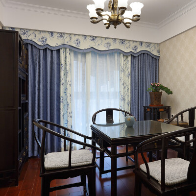 明润 现代中式书房茶室蓝色窗帘 客厅成品窗帘定制 白底青花窗帘
