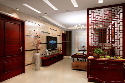 中式家装客厅大理石电视背景墙效果图