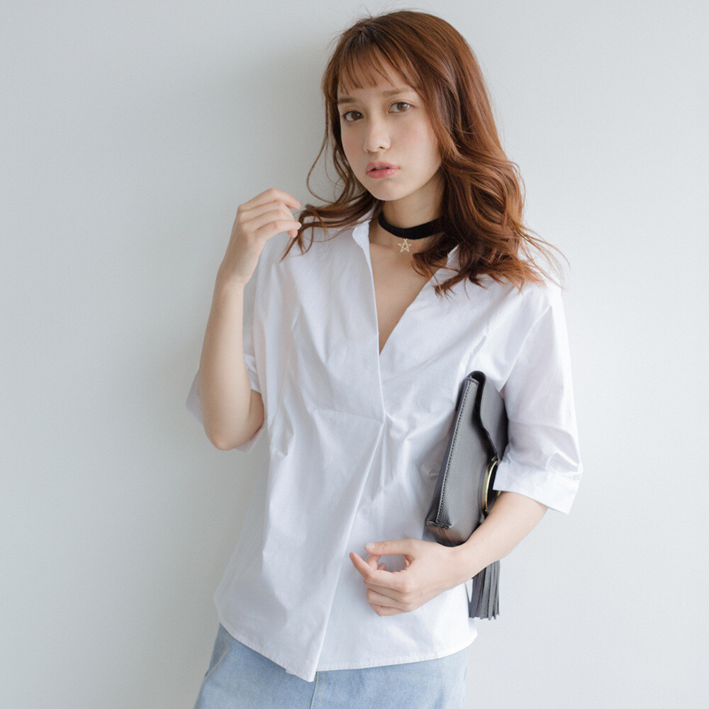 春装新款女颈圈条纹v领纯棉短款上衣高腰白色小衫时尚修身衬衣潮