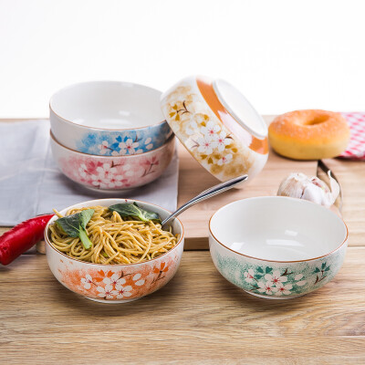 日式手绘五彩樱花手工刻画釉下陶瓷餐具 面碗 汤碗 大号米饭碗