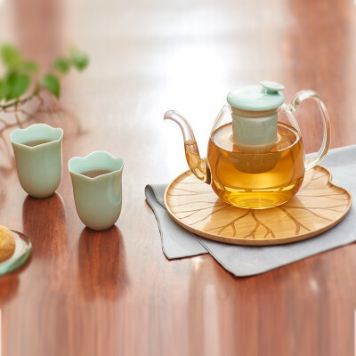 哲品鱼荷润青功夫茶具套装礼品玻璃茶具含茶漏茶盘家用茶具 陶瓷