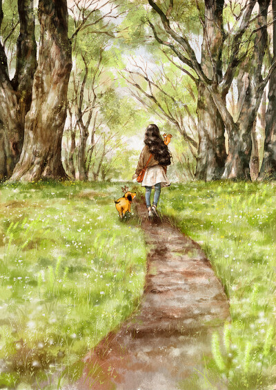 走在春天的路上 ~ 来自韩国插画家Aeppol 的「森林女孩日记-2017」系列插画。