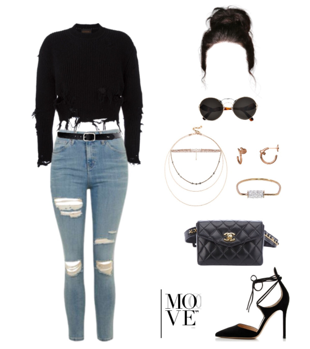Yeesy sweatshirt，Topshop jeans，Gianvito Rossi sandal，Chanel Vintage clutch，Prada sunglasses，Lauren Ralph belt，Cartier earrings#827