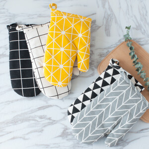 北欧简约棉麻微波炉高温隔热手套 森系烤箱防烫手套 烘焙加厚手套