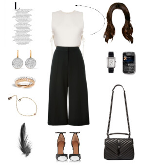 Ruban top，Msgm culottes，Givenchy  pumps，Saint Laurent bag，Cartier bracelet，Pomellato earrings、ring，Chanel watch#81