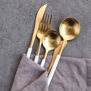 套装leon316不锈钢拉丝西餐具 白柄鎏金面精美牛排刀叉勺