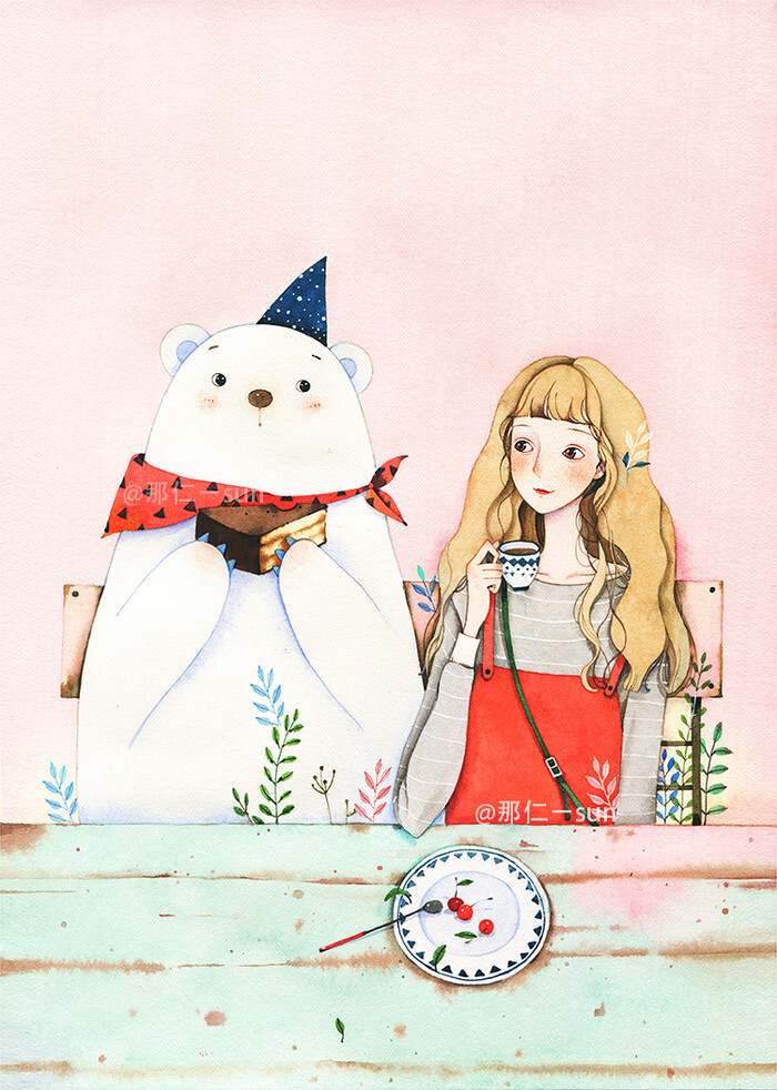 咖啡有点甜 - 那仁_女孩,熊,狐狸,手绘水彩,清新文艺,涂鸦王国插画