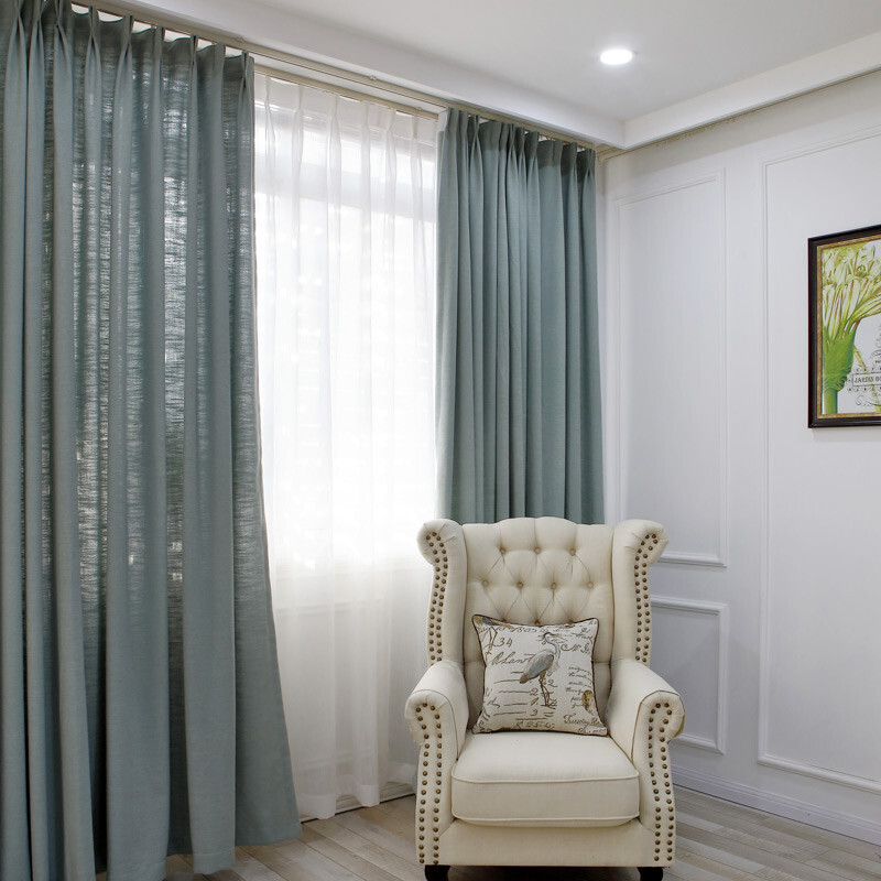 明润 纯色棉麻窗帘清新美式田园客厅卧室窗帘定制 浅蓝绿色窗帘