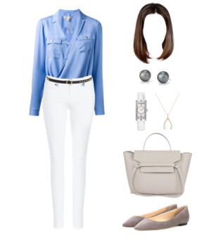 Michael Kors blouse，Paige jeans，Jimmy Choo flat suede ballerinas，Celine bag，Valentino belt，Harry Winston watch，Jennifer Meyer wishbone pendant necklace，Blue Nile earrings#833