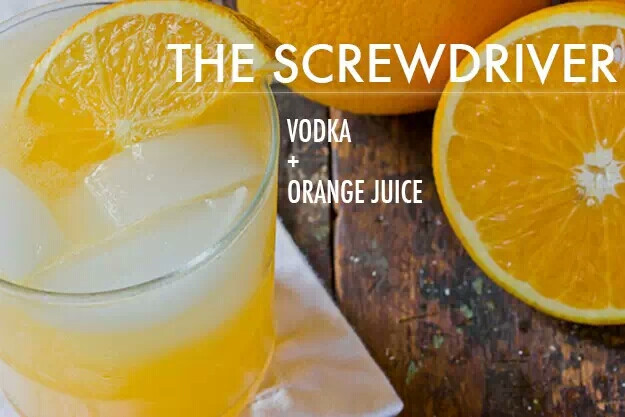 THE SCREWDRIVER 螺丝刀
伏特加 + 橙汁
在半杯橙汁中加一到两小杯伏特加，一片橙子片点缀。如果你在早午餐时享用，还可加些苏打水。