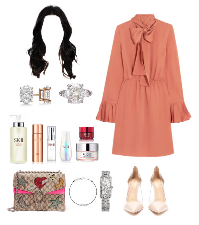 Gucci dress、bag，Gianvito Rossi pumps，Harry Winston watch（avenue c），Graff diamond ring，Redline bracelet，Allurez earring#