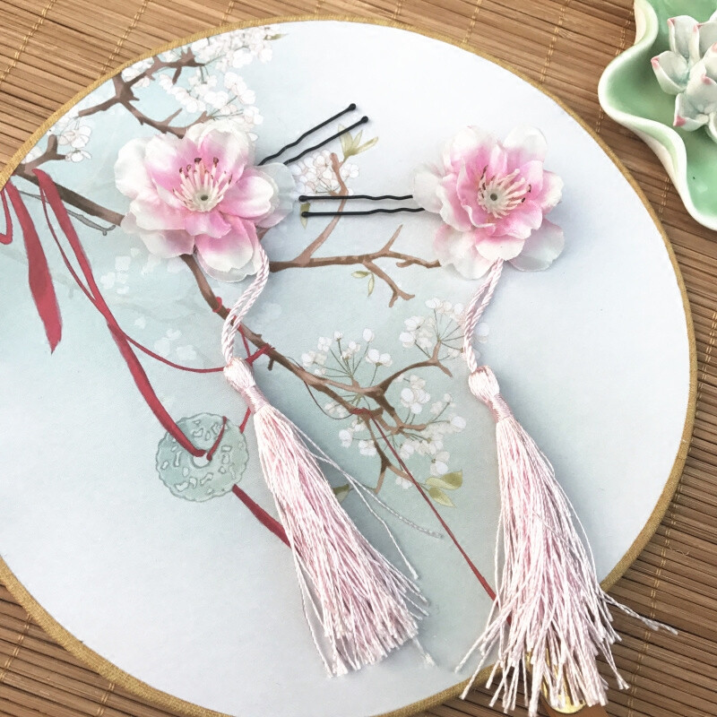 手工仿真花朵桃花LOLITA发夹流苏中国风发饰头饰品花千骨cos古风