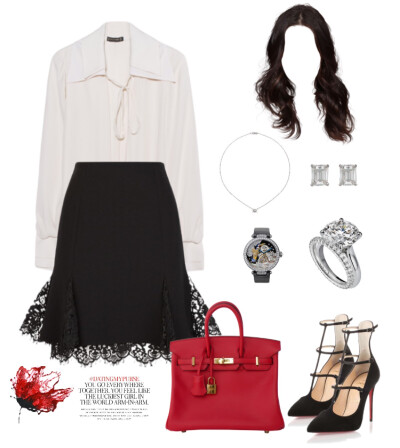 Plein Sud blouse，Oscar de la Renta skirt，Christian Louboutin pumps，Hermès Birkin handware，Cartier watch(uhr Mit)，Necklace earrings(white gold,diamond)，Rings#840