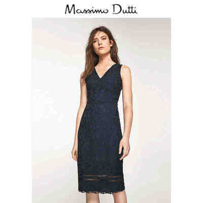 Massimo Dutti 女装 海蓝色凸纹蕾丝连衣裙 06688630401