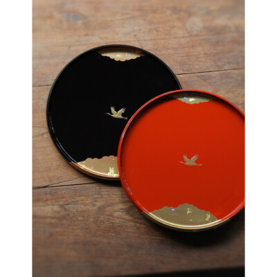 日本进口 山中漆器 27厘米 云鹤漆盘圆形托盘或茶盘