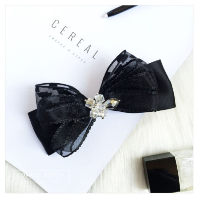 韩国进口黑色蕾丝水晶蝴蝶结发夹子发卡子韩版发夹弹簧夹头花发饰