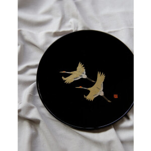 日本进口  山中漆器 塚田外志男作30厘米双鹤漆盘圆托盘茶盘