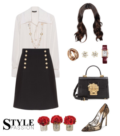 Plein Sud silk blouse，Gucci skirt，Jimmy Choo lace pump，Dolce&Gabbana bag，Cartier watch、jewels#842