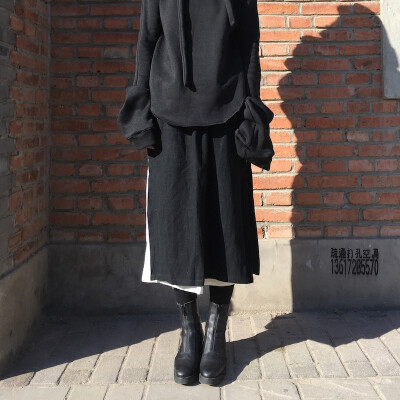 wapoo2016秋冬 山本风设计师款加厚棉麻黑白拼接半身裙