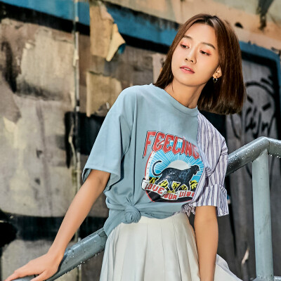 青蔷薇 夏季圆领拼接撞色短袖上衣韩版女学生宽松印花T恤潮 T489