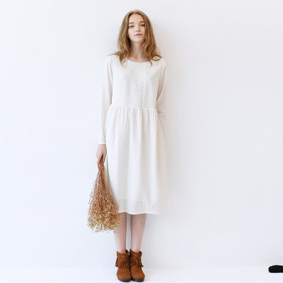 鱼岛主人北欧原创设计蕾丝拼接白裙棉麻宽松长袖连衣裙