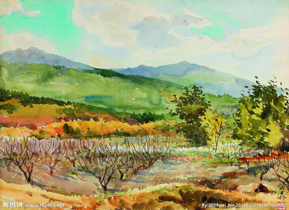 农家小景 水彩风景画《果园》