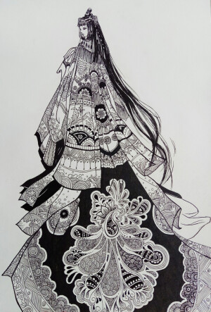 古风  装饰画  黑白画 线描  作业