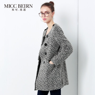 Miccbeirn秋冬圆领羊毛双排扣修身气质毛呢外套女中长款大衣