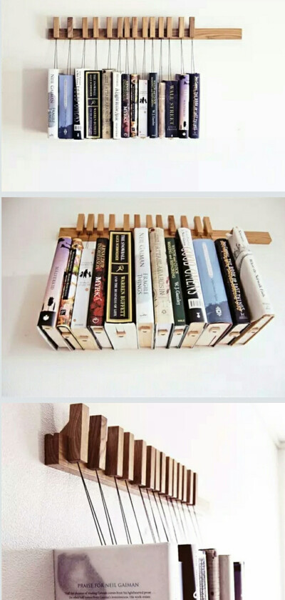 与其说 Wooden Book Rack 是书架，倒不如说它是用来「吊」书本的木架。
木架上方有多个可水平滑动的夹板，每个夹板下方都以棉线拉住一块小木板，只要将棉线夹在书中，并将小木板固定在书本底部，书本就会被吊在木架…