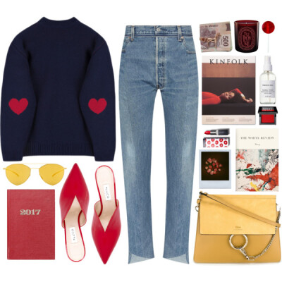 A fashion look from April 2017 featuring blue sweater, red shoes and chloe handbags. Browse and shop related looks.