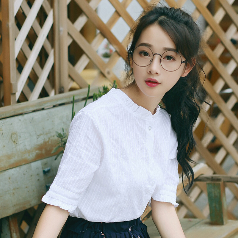 2017夏季短袖衬衫女韩版修身显瘦简约学院风白色木耳领女衬衣