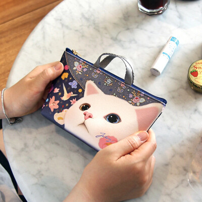 jetoy 化妆包 韩国可爱猫咪女皮质拉链手包 创意手提包便携化妆包