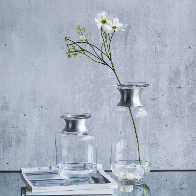 欧式铝圈透明玻璃花瓶创意客厅电视柜假花仿真花插花花器装饰摆件